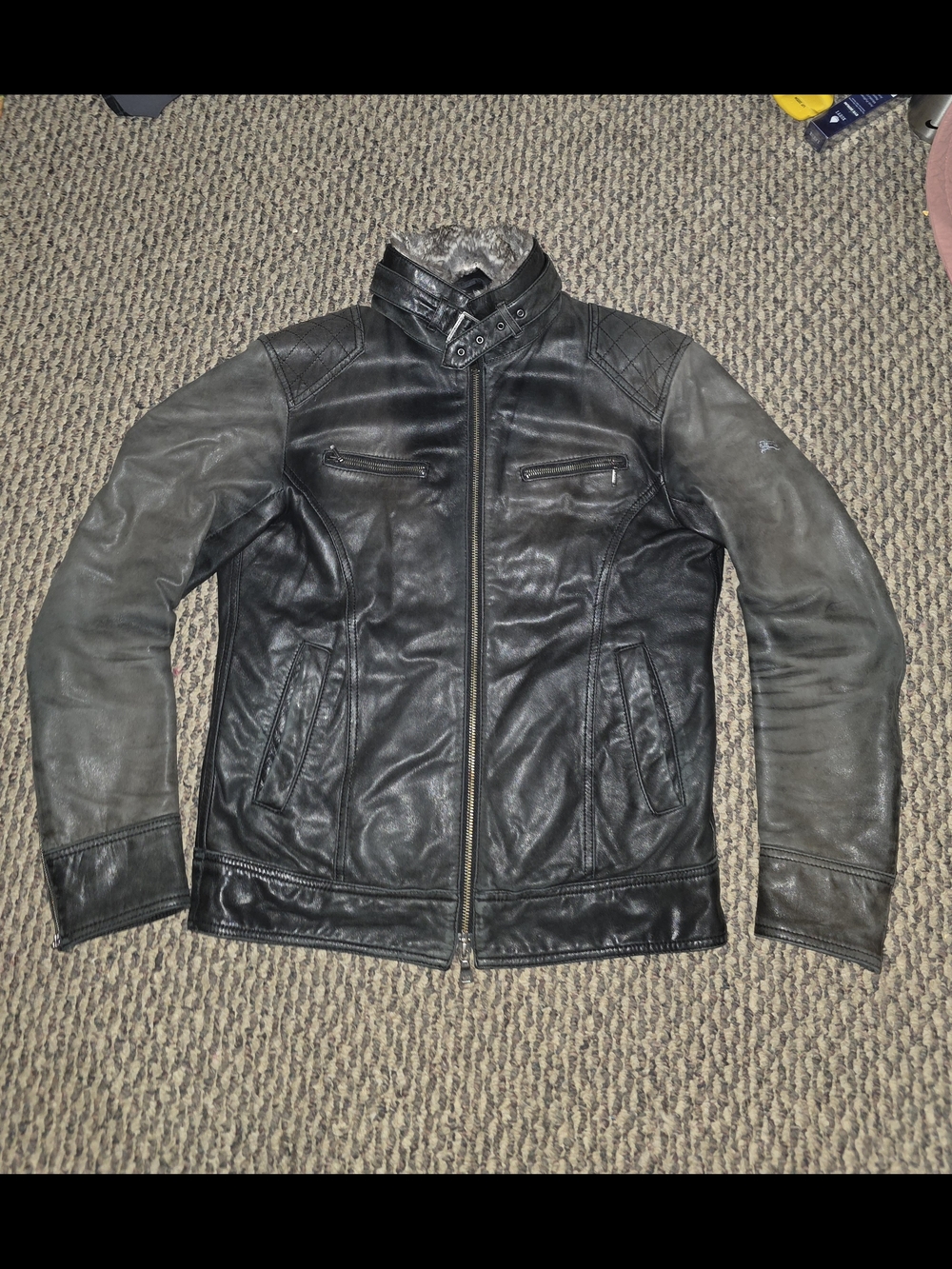 Burberry Black  Label Leather Moto Jacket with Stand Collar